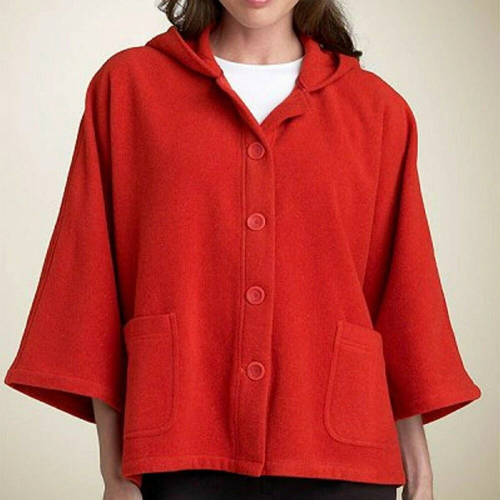 EILEEN FISHER Tangelo Orange Wool Melton Hooded Boxy Jacket XL